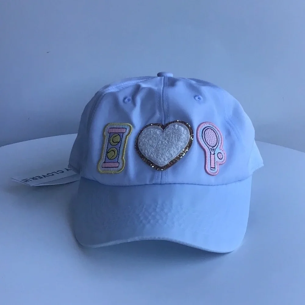 Stoney Clover Lane pastel baby blue nylon baseball cap I heart tennis racket